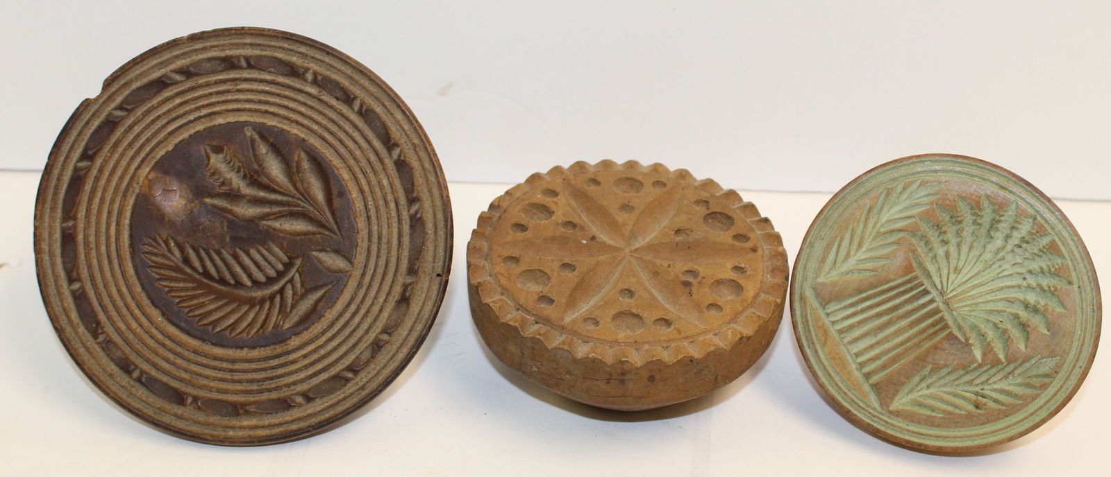 Lot of 3 antique wooden butter stamps - 3 1/4"-4" diam: Lot of 3 antique wooden butter stamps - 3 1/4"-4" diam