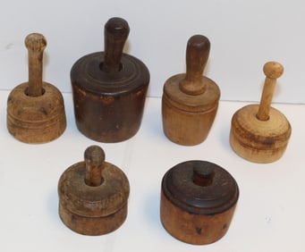 Lot of 6 antique wooden butter molds - 1 1/4"-1 3/4" diam