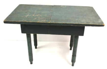 Child size country Sheraton antique extension table in blue paint - 12" tall x 18 1/2" wide x 10