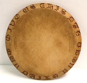 Antique round bread board w carved letters border - 12" diam