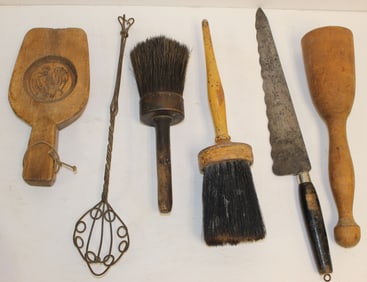 Lot of primitive accessories incl brushes, etc - 1 possibly Shaker - 8"x15"