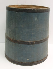 Antique wooden bucket w iron bands in blue paint - 15"x11 1/2" diam
