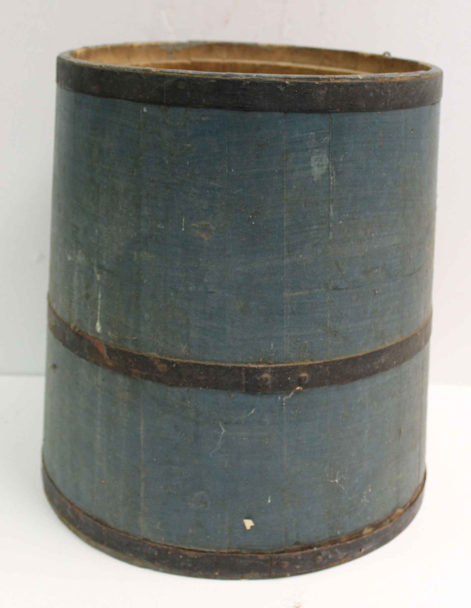 Antique wooden bucket w iron bands in blue paint - 15"x11 1/2" diam (1 of 4)
