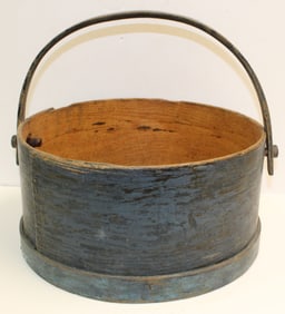 Large antique wooden pantry box in blue paint w swing handle - 7 1/2" tall x 14 1/2" diam