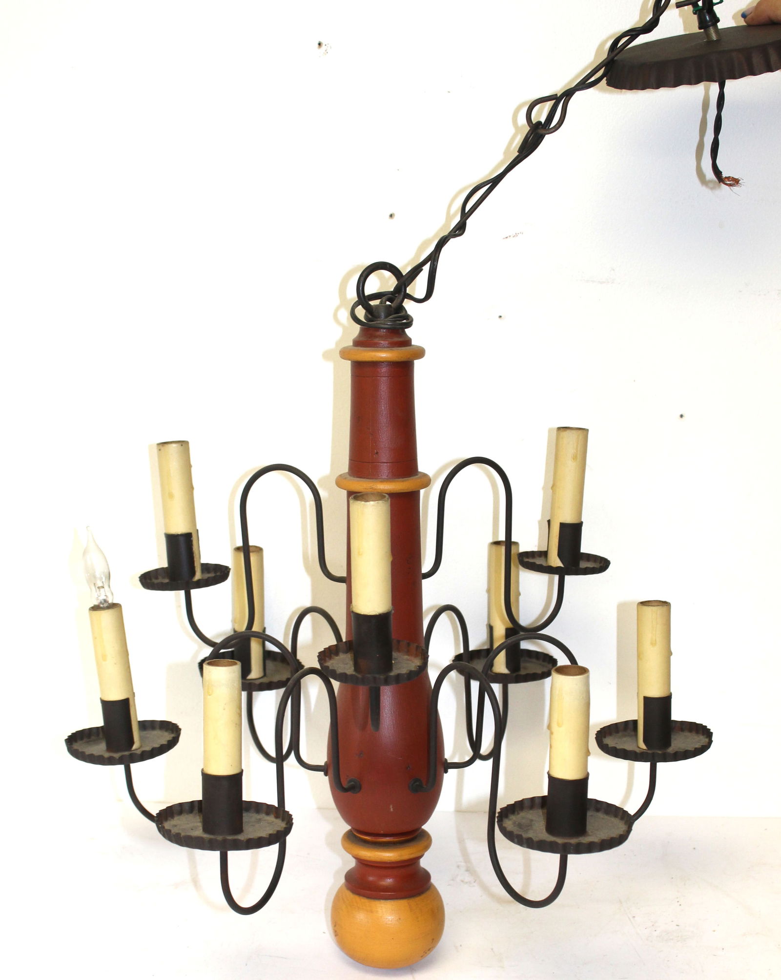 Antique style candle chandelier w red painted wooden center finial & 9 iron arms - 19" tall x 19" (1 of 5)