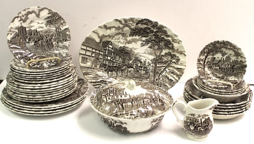 Staffordshire black transferware Myott Royal Mail partial china service - approx 32 pieces - 10"