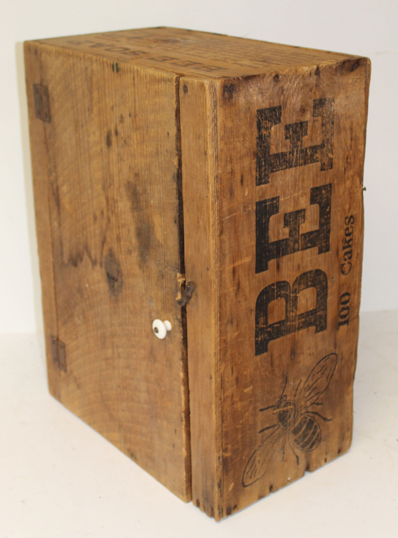 Make do wall box/cupboard w shelf interior - made from an antique "Bee" soap box - 20 1/4" x 15 (1 of 5)