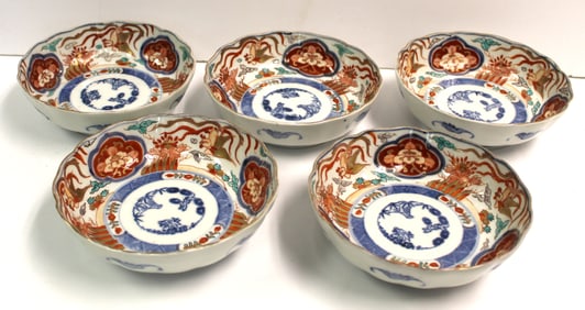 Set of 5 antique Imari pine/plum bamboo dishes - 6" diam
