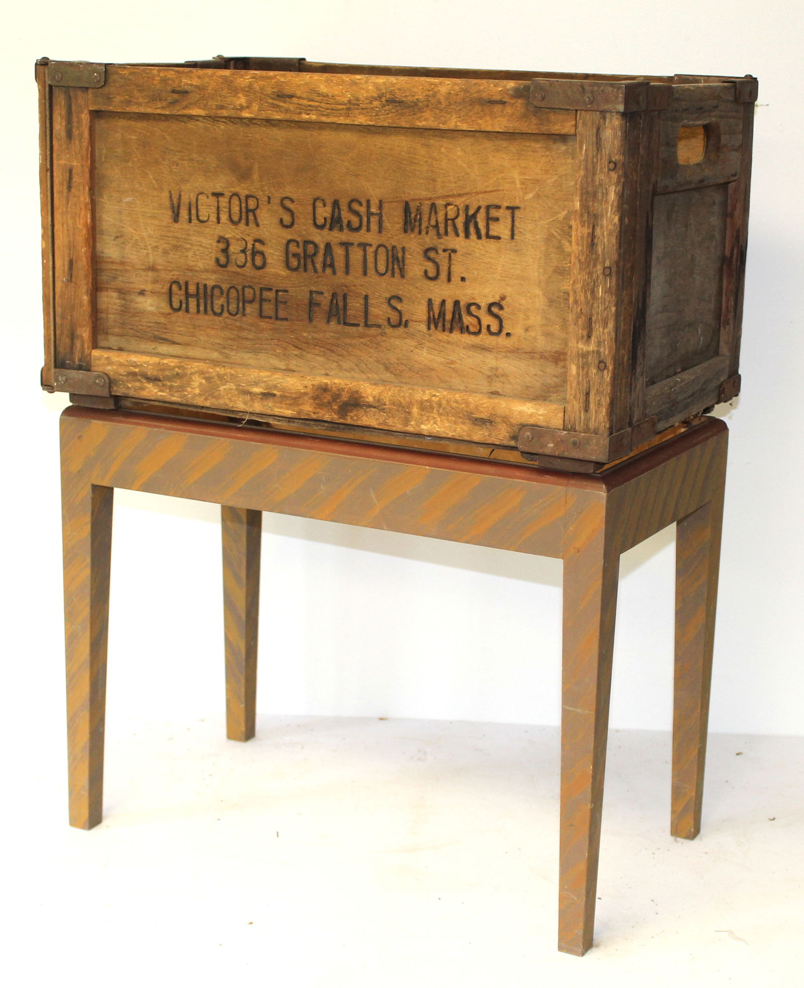 Grain painted stand w antique advertising collapsible crate - 16" tall x 21"x11" stand & 12"x21"x13": Grain painted stand w antique advertising collapsible crate - 16" tall x 21"x11" stand & 12"x21"x13" crate