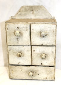 Antique 4 over 1 drawer spice box in white paint - 9 1/4" tall x 6 1/4"x2 3/4"