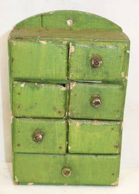 Antique 6 over 1 drawer spice box in green paint - 9 1/4" tall x 6"x3"