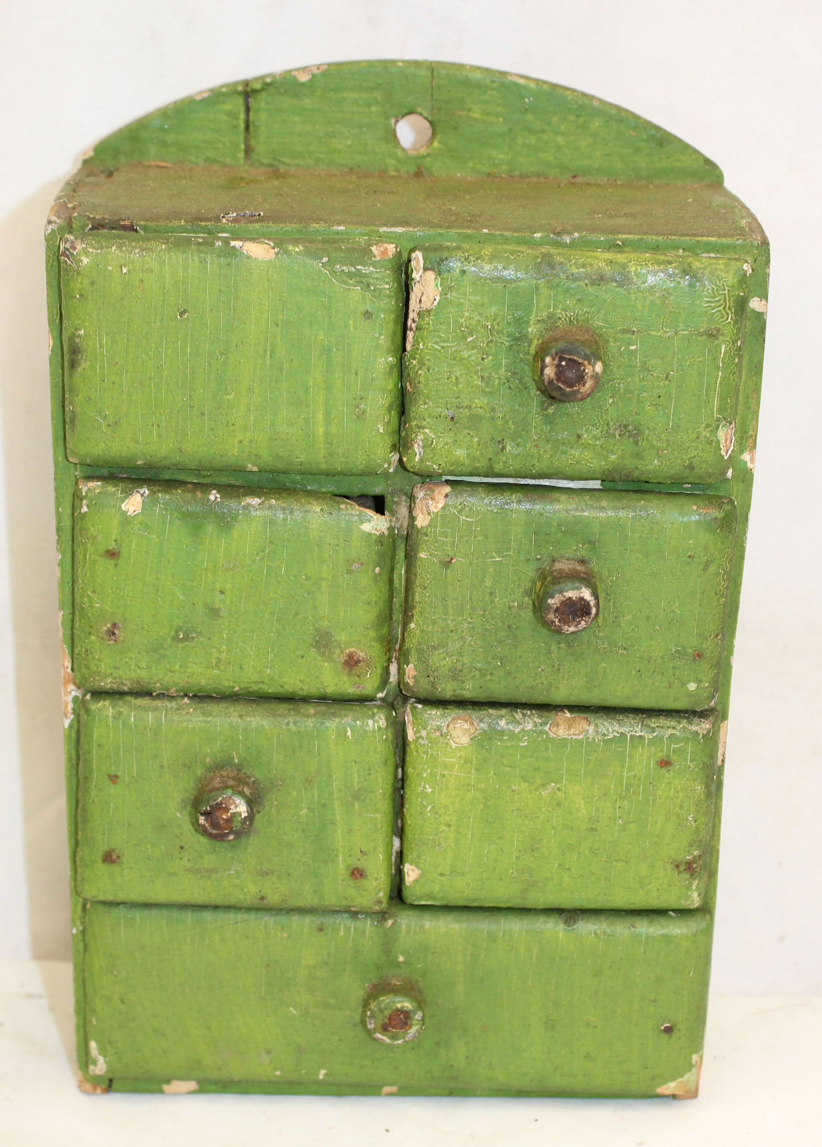 Antique 6 over 1 drawer spice box in green paint - 9 1/4" tall x 6"x3" (1 of 6)