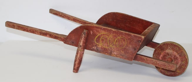 Antique child size wheelbarrow in red paint w horse dec - 7" tall x 26" long x 12" wide