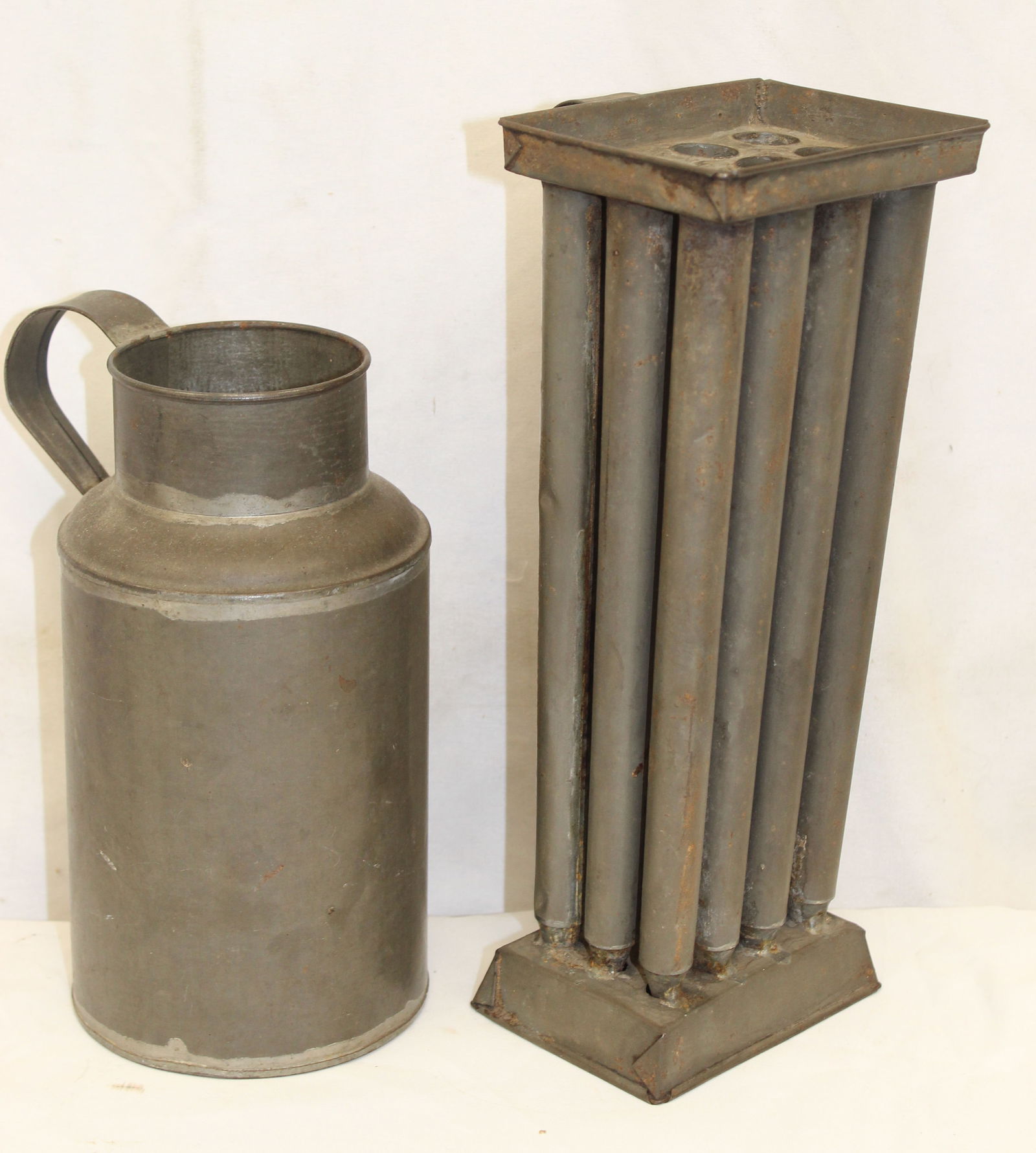 Lot of 2 antique tin items incl milk jug & 6 hole candle mold - 9" & 11 1/2" tall (1 of 5)