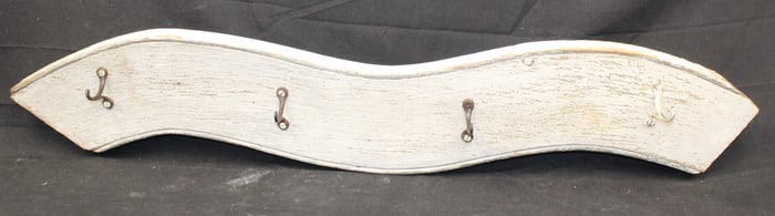 Wooden painted white wall hanging rack w metal hooks - 40" x 8"
