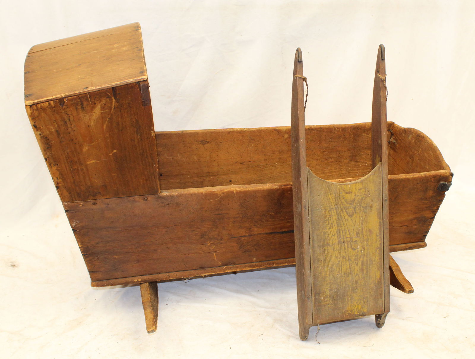 Antique wooden cradle plus child's sled - 27" tall x 43" long x 19" wide & 29 1/2" long x 10"x4" (1 of 7)