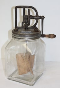 Antique glass, wood & iron table top "Lazey Churn" - 14 12" tall