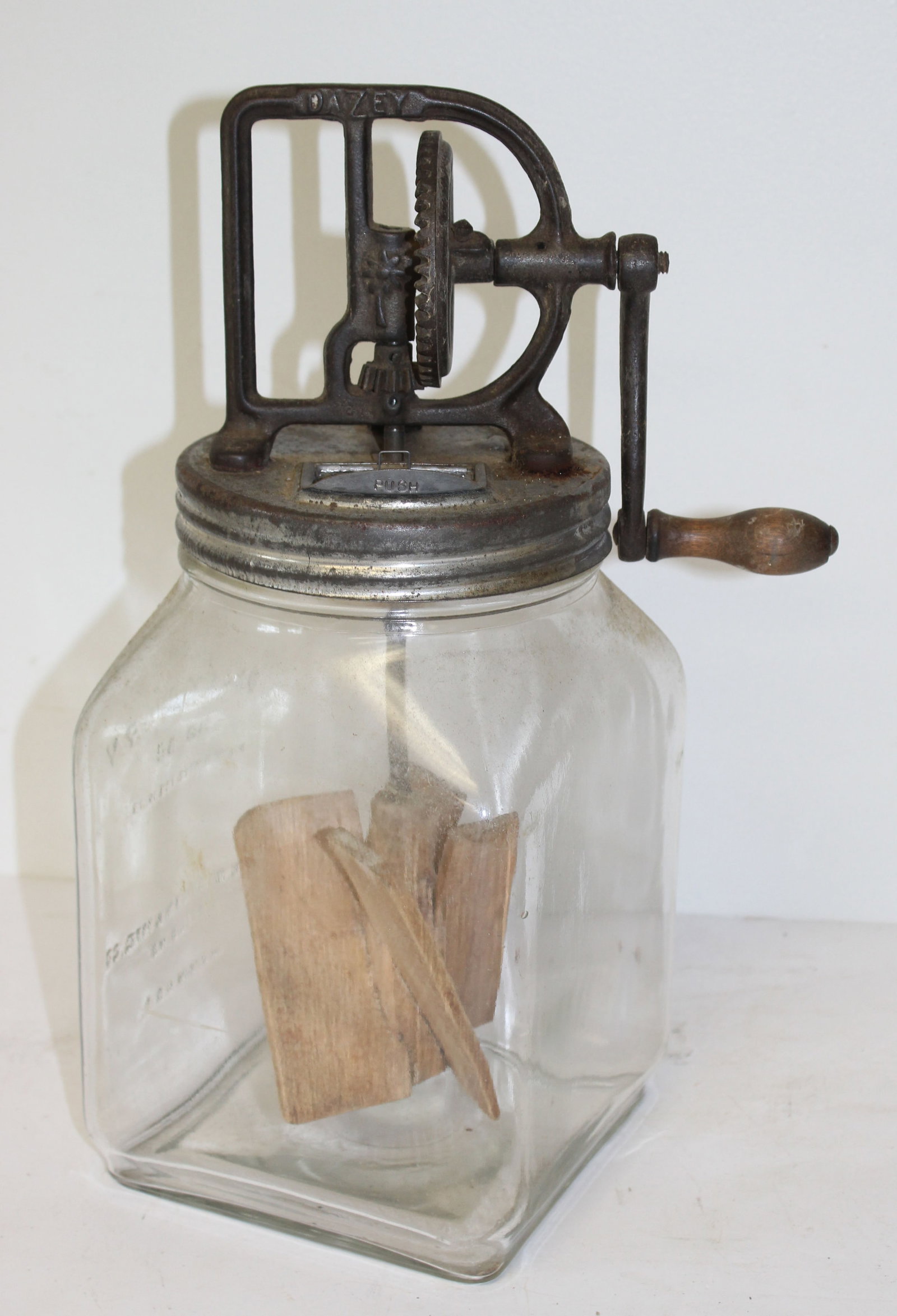 Antique glass, wood & iron table top "Lazey Churn" - 14 12" tall: Antique glass, wood & iron table top "Lazey Churn" - 14 12" tall