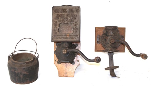 Lot of 3 antique kitchen implements - iron pot & 2 coffee grinders - 5 1/2"-13"