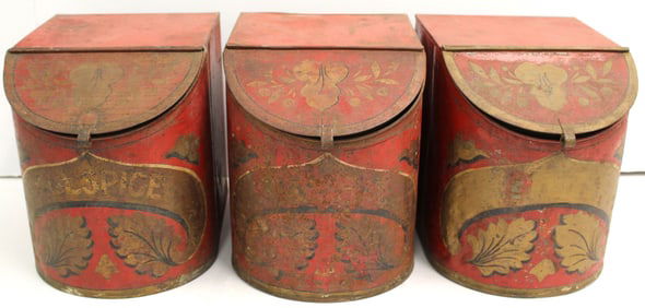 Lot of 3 antique painted tin spice boxes in red & gold paint - 8"x6"x8"