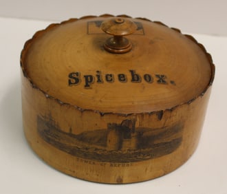 Antique round wooden spice box w interior spice containers - 5" tall x 8" diam