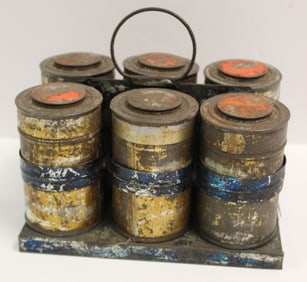 Antique tin spice rack w 6 tin cannisters - 6"x6 1/2"x4 1/2"