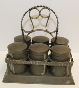 Antique tin spice rack w 6 tin cannisters - 9"x8"x5 1/2"