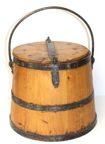 Antique wooden oyster bucket w iron straps & lock - 11" tall x 10 1/4" diam