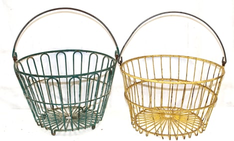 Lot of 2 iron painted oyster baskets in green & yellow - 9"x14" diam