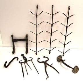 Lot of iron implements incl corn dryers, boot scraper, door latch, sugar nips, skewers & hooks - 9