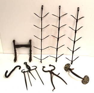 Lot of iron implements incl corn dryers, boot scraper, door latch, sugar nips, skewers & hooks - 9: Lot of iron implements incl corn dryers, boot scraper, door latch, sugar nips, skewers & hooks - 9 3/4"-20"
