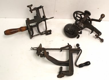 Lot of 3 hand held iron apple peeler/corers w wooden handles - 8 1/2", 10" & 11"