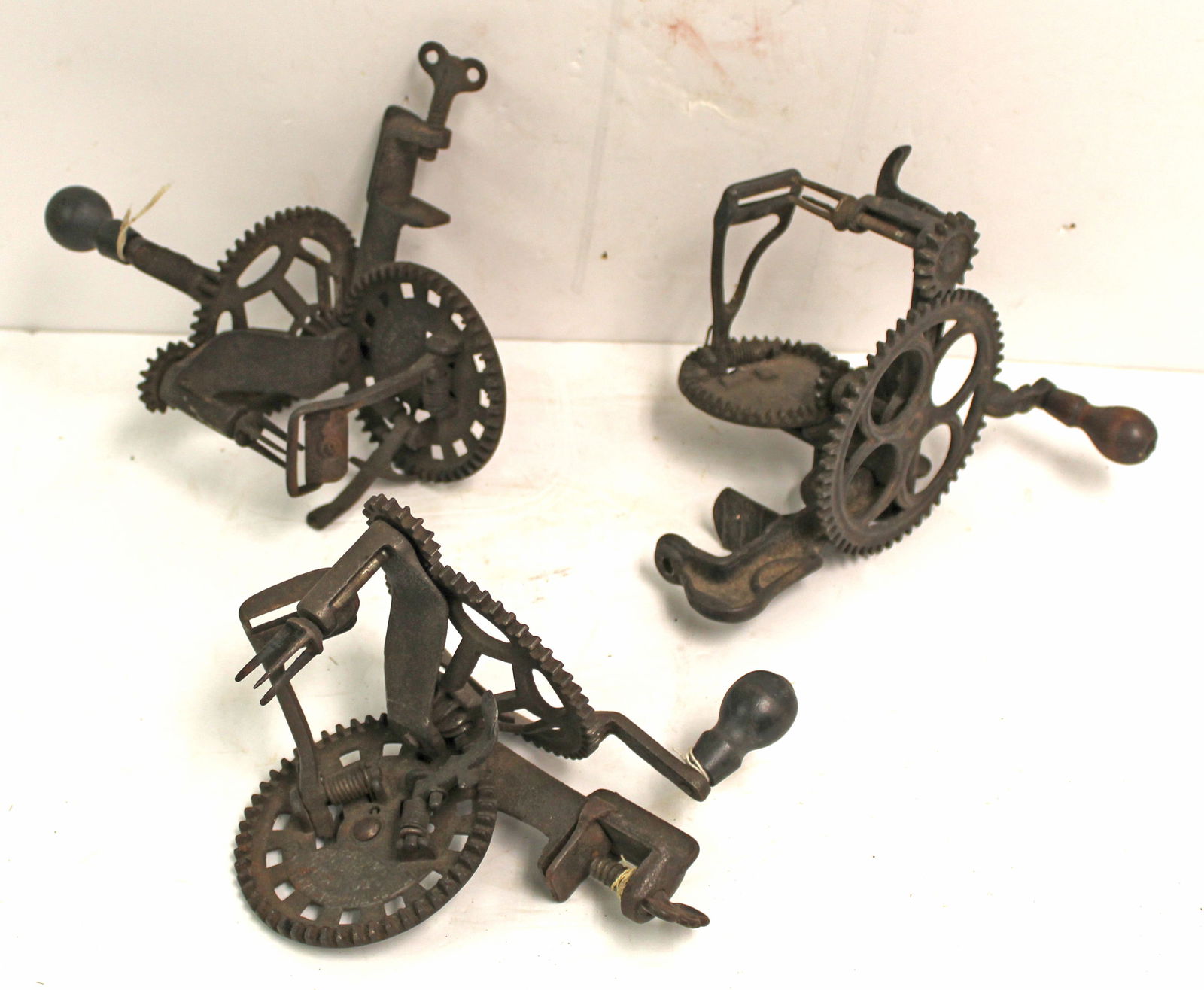 Lot of 3 hand held iron apple peeler/corers w wooden handles - 9", 7 1/2" & 8" (1 of 7)