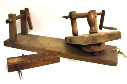 Lot of 3 wooden apple peeler/corers - incomplete and as found - 23", 8 1/2" & 9"