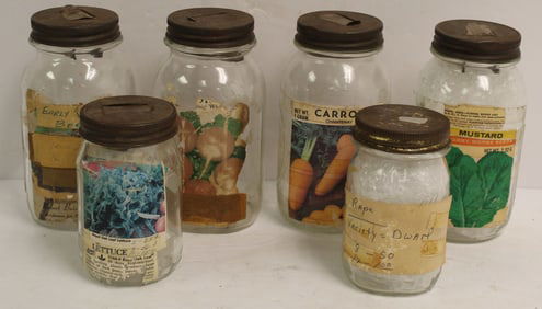 Lot of 6 glass seed jars w labels & tin pouring lids - 5" -7"