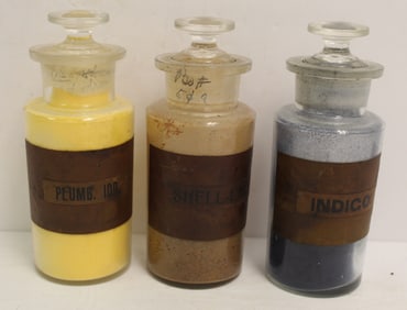 Lot of 3 glass paint jars "Indigo", "Shell-Lac" & "Plum-Iod" - 6 1/2" tall