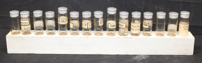 Wooden display from a hardware store - 17 1/2" long for vials of wood stain samples