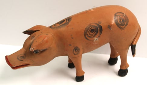 Folky carved wooden painted spotted pig - 8 1/2"x14"