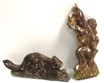 Lot of 2 carved wooden polychromed beaver & squirrel carvings - 7"x3" & 7 1/4" x 3 1/2"