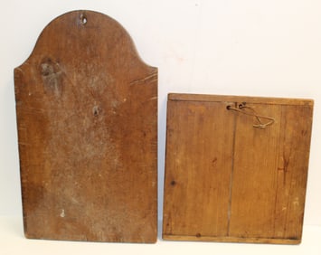 Lot of 2 antique wooden cutting/bread boards incl a tombstone shaped example - 22"x13 1/4" & 14