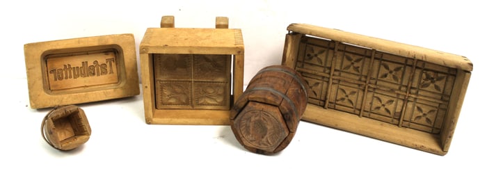 Lot of 6 antique wooden butter molds - 2 1/4"x3" - 3 1/2"x11"x5 1/2"