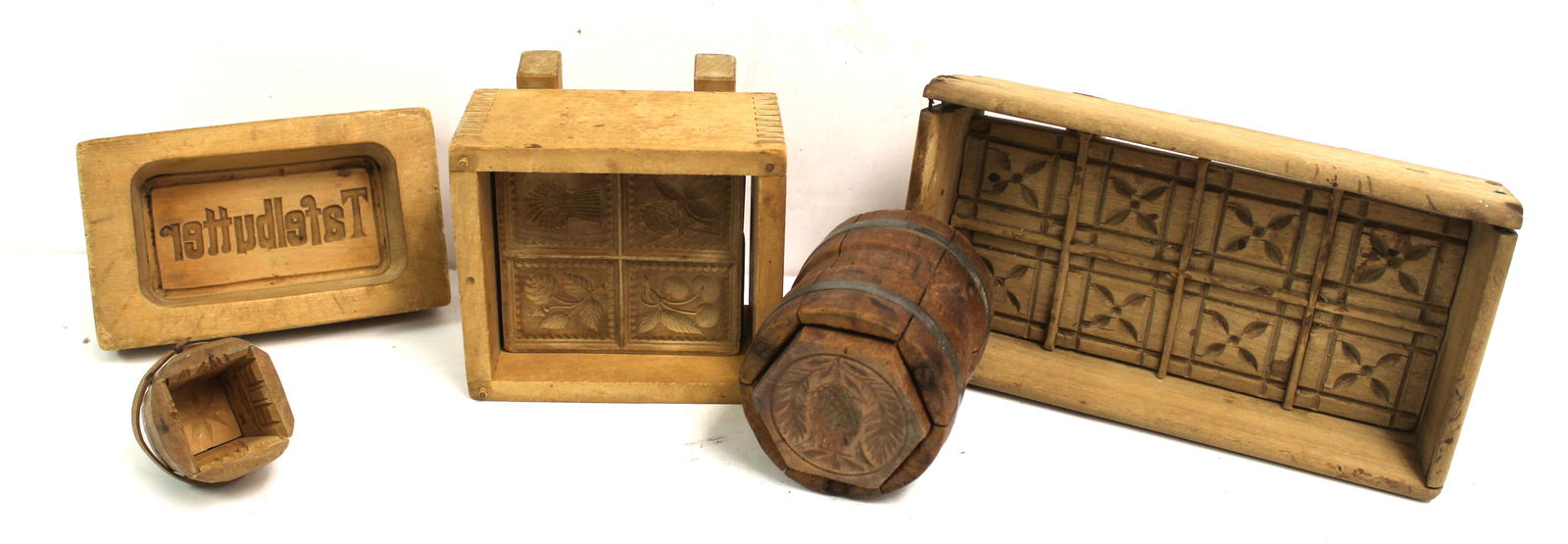 Lot of 6 antique wooden butter molds - 2 1/4"x3" - 3 1/2"x11"x5 1/2" (1 of 4)