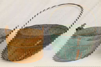 Lot of 2 Antique wooden items incl green apple basket & a bucket (no handle) - 9 1/2"x12" diam &