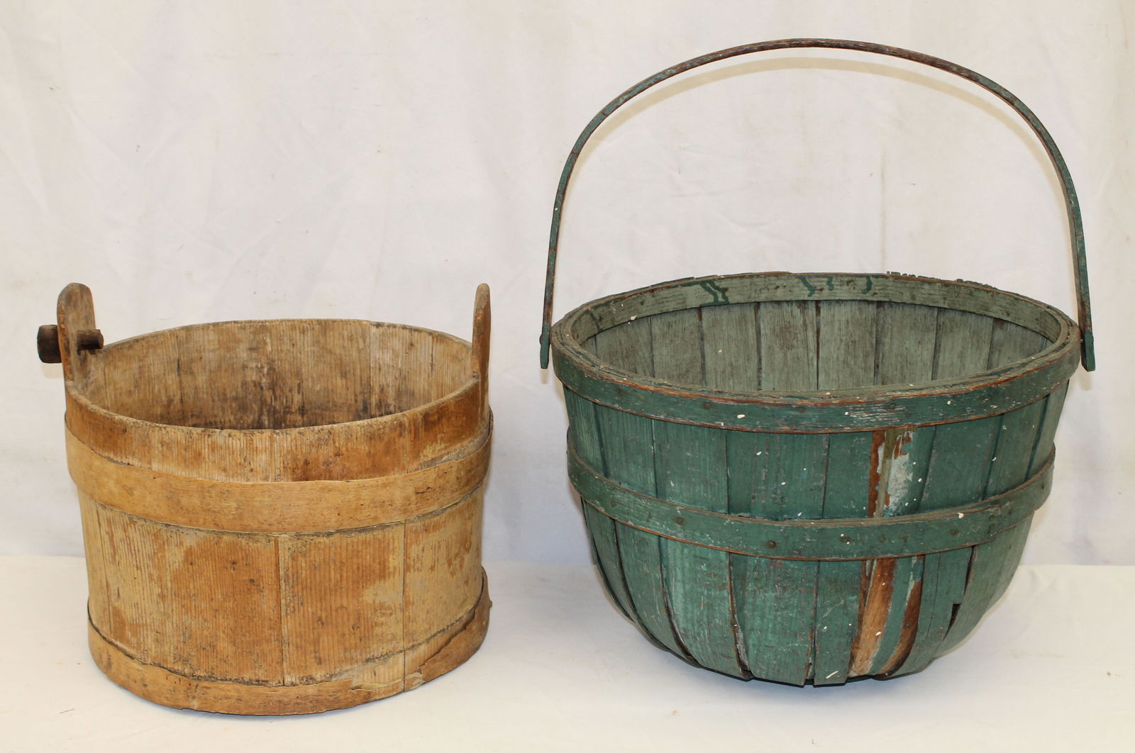 Lot of 2 Antique wooden items incl green apple basket & a bucket (no handle) - 9 1/2"x12" diam & (1 of 7)