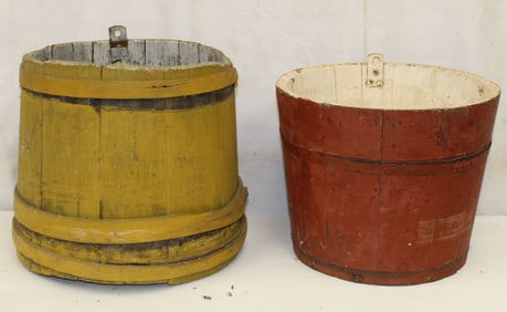 Lot of 2 antique painted wooden buckets incl a yellow firkin & a red iron banded example w white