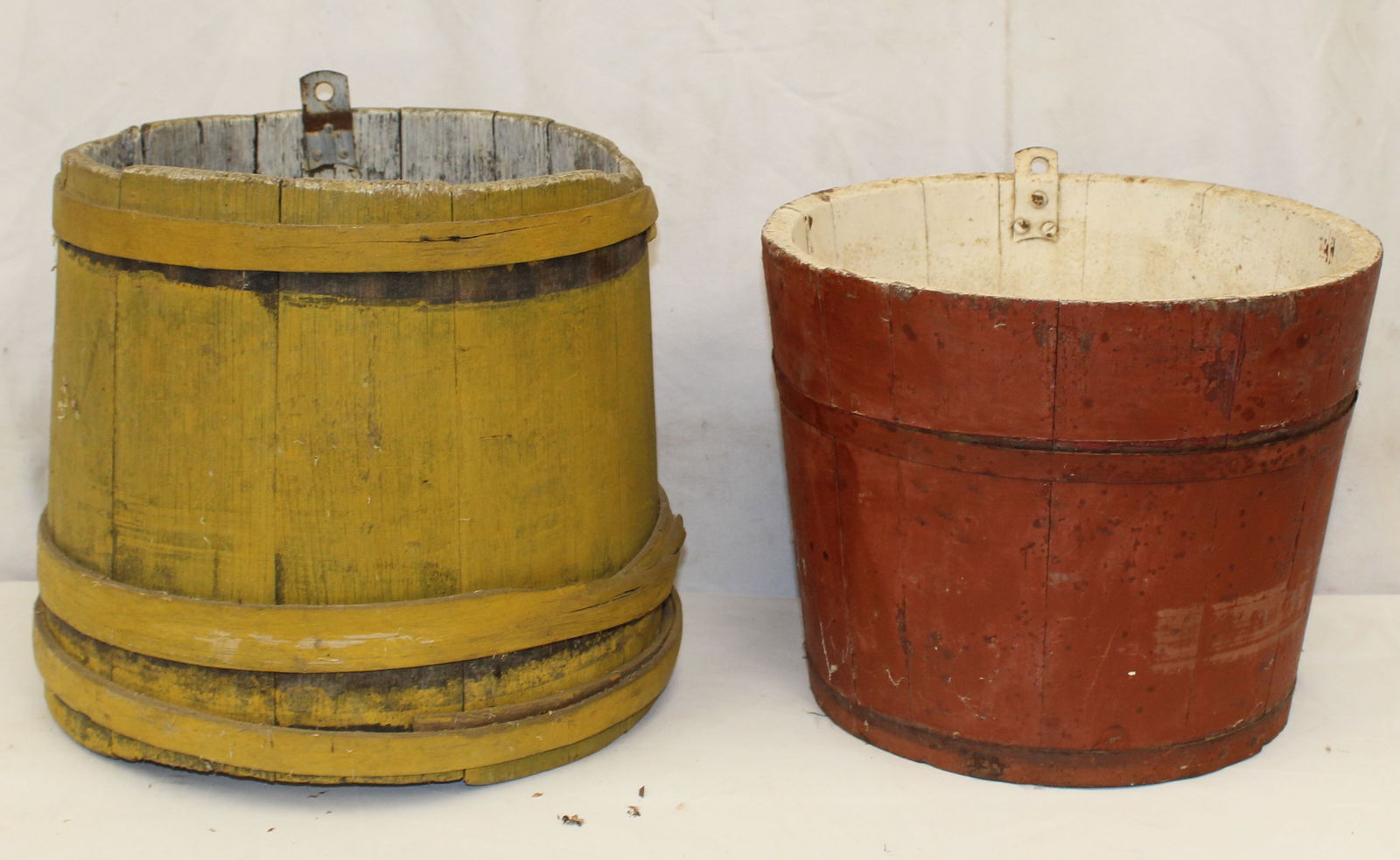 Lot of 2 antique painted wooden buckets incl a yellow firkin & a red iron banded example w white (1 of 7)
