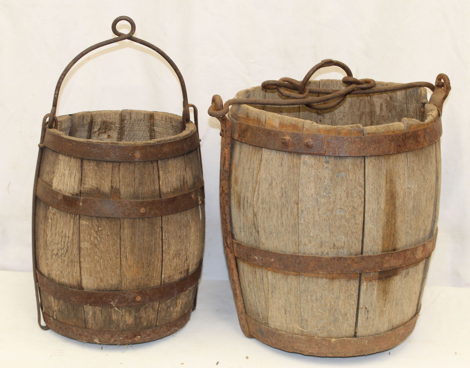 Lot of 2 antique wooden buckets w iron bands & swing handles - 12"x8" diam & 14"x12" diam (1 of 9)