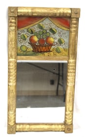 Antique Sheraton gilt painted mirror w reverse painted bowl of fruit top panel - 21 1/2"x12"