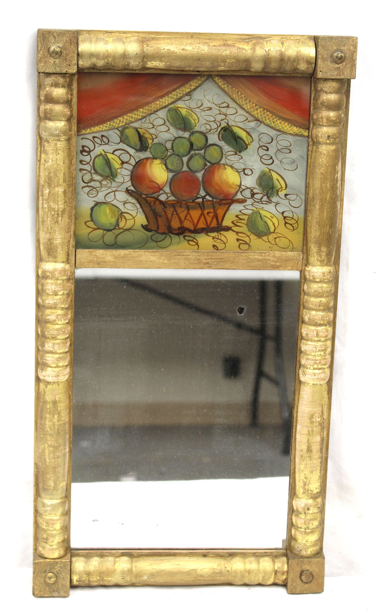 Antique Sheraton gilt painted mirror w reverse painted bowl of fruit top panel - 21 1/2"x12" (1 of 4)