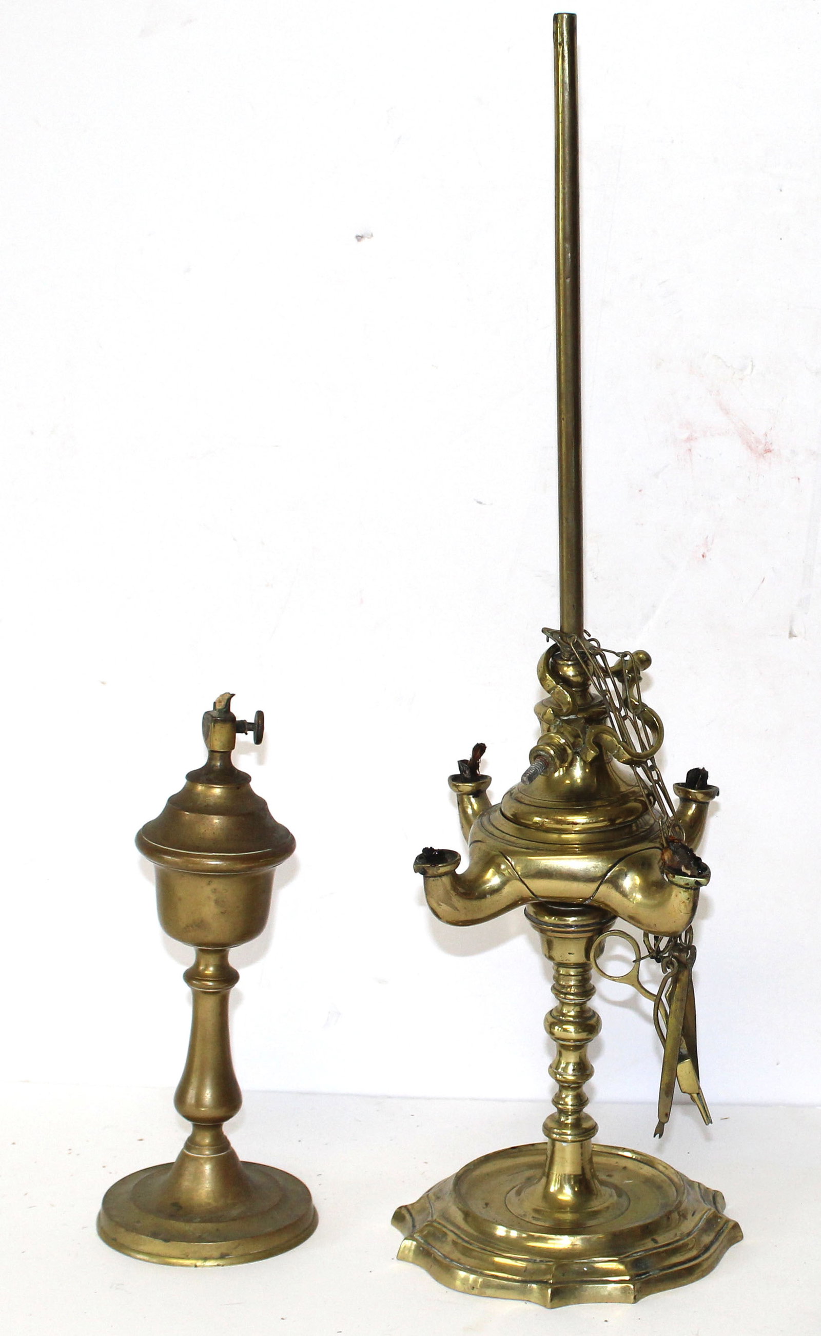 Lot of 2 antique brass whale oil lamps - 9 1/2" & 26" tall: Lot of 2 antique brass whale oil lamps - 9 1/2" & 26" tall